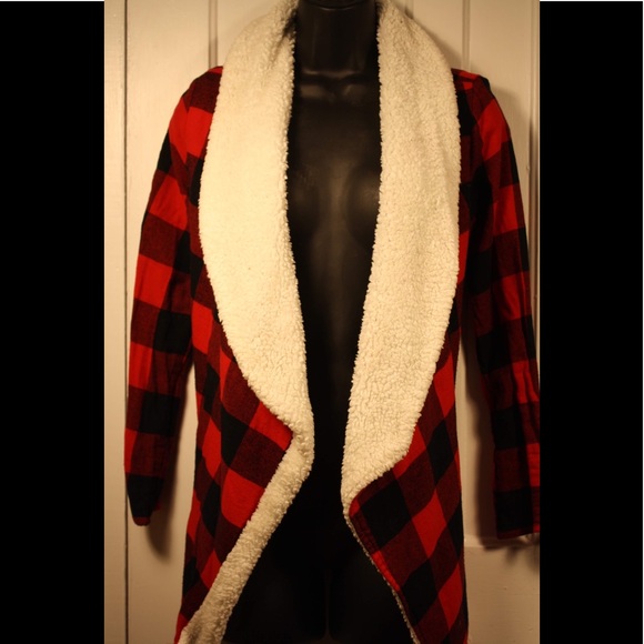 No Boundaries Sweaters - • No Boundaries • Red & Black Fur Cardigan Flannel